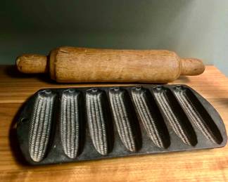 Vintage Cast iron cornbread pan and wooden rolling pin
