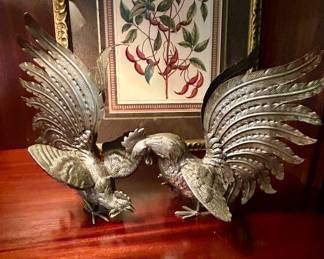 Pair of highly detailed decorative rooster sculptures