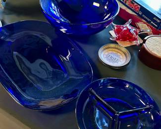 Cobalt blue glass serving pieces