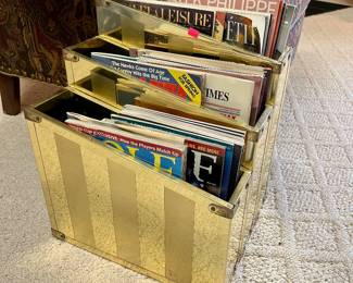 Three tiered brass-tone magazine rack • Vintage assorted magazines