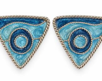 Brincos Triangulares Azuis com Detalhes Prateados