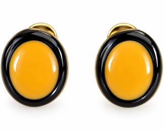 Brincos Dourados com Cabochao Amarelo e Aro Preto