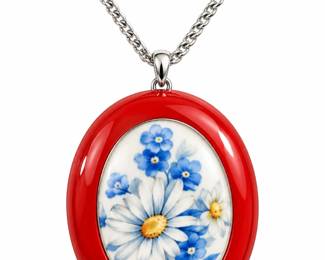 Colar Prateado com Pingente Floral Vermelho