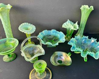 BE152Vintage Green Opalescent Glass Vases, Bowls Dishes