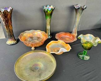 BE120Vintage Iridescent Carnival Glass Green Marigold Swing Vases Bowls Northwood
