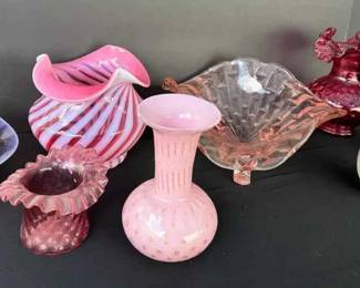 BE124VVintage Pink Cranberry Art Glass Fenton Style Ruffled Swirl Vase Bowls