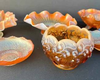 BE143Vintage Marigold Carnival Glass Bowls Fenton Marked Rose Candy Bowl