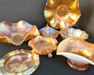 BE145Marigold Carnival Glass Serveware And Ashtray