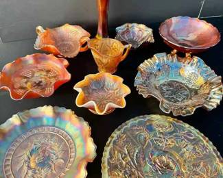 BE153Vintage Marigold Carnival Glass Bowls, Plates Vase