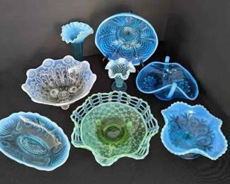 BE121Vintage Blue Green Opalescent Glass Northwood, Jefferson Sowerby
