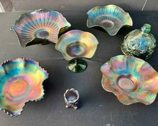BE160Vintage Carnival Glass Iridescent Green Northwood