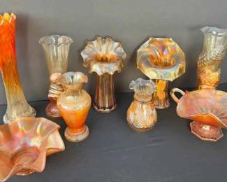 BE127Vintage Marigold Carnival Glass Iridescent Vases Decorative Bowls