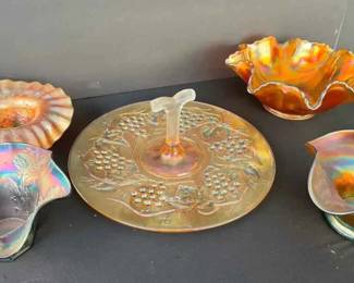 BE119Vintage Marigold Carnival Glass Imperial Grape THandle Tray, Ruffled Bowls Compotes