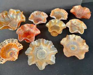 BE111VVintage Marigold And Peach Opalescent Carnival Glass Bowls And Compotes