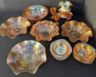 BE157Vintage Marigold Carnival Glass With Ruffled Vase