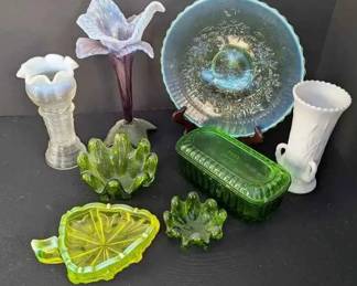 BE105Vintage Blue Iridescent, Milk Green Glass