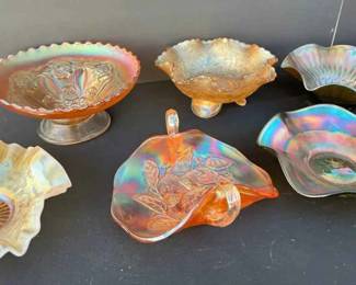BE133Vintage Carnival Glass Iridescent Marigold Ruffled Dish Northwood