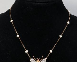 14K Yellow Gold Pearl, Diamond and Ruby Bee-form Necklace
