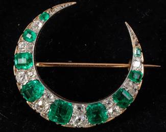14k Yellow and White Gold Diamond and Emerald Crescent Brooch