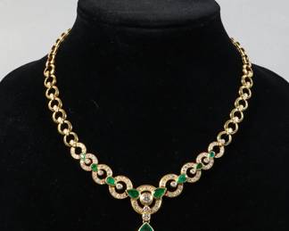 High Karat Yellow Gold Emerald and Diamond Necklace
