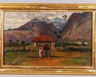 August Lohr, (German, 1842-1920,) Ranch Entrance with Popocatepeh, Oil on Canvas