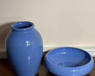 093 blueglazedpotteryvaseandbowl