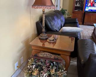 Side Table, Lamp, Floral Arrangement
