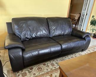 Pair of Chocolate Brown Leather Power Reclining Sofas - New Condition
