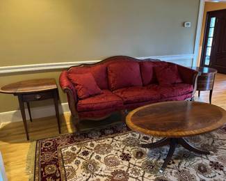 Ethan Allen Sofa, Ethan Allen Banded Mahogany Pembroke / Drop Leaf Side Table, Ethan Allen Banded Mahogany Oval Coffee Table