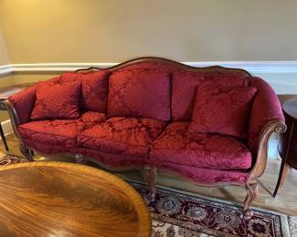 Ethan Allen French Style Sofa Upholstered w/ Rich Red Damask Fabric