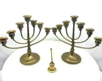 Vintage Brass 5Light Candelabra Pair With Candle Snuffer