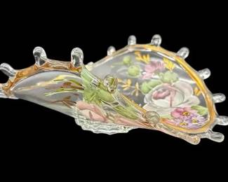 Vintage Charlton HandPainted Floral Glass Bowl With Guilt Trim