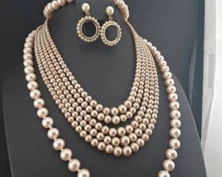 Vintage Faux Pearls Multistrand Champagne Rose Wfiligree Sterling Clasp, Blush Pink Strand