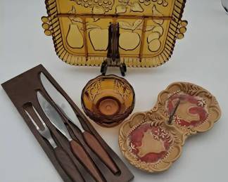 Amber Glass Serving Tray And Utensil Set