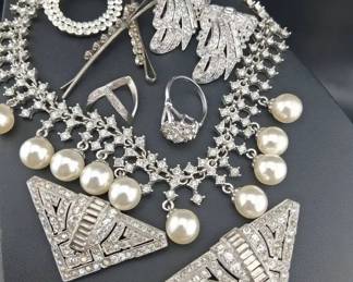 Vintage Sparkly Costume Jewelry Shoe Clips Necklace Rings Hair Pins