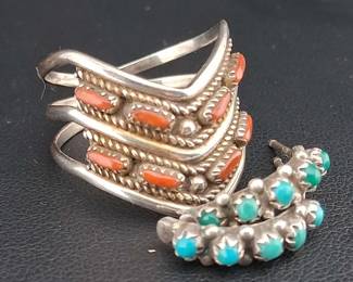 Sterling Zuni Red Coral Chevron Ring V. Hattie Sz.9 And Turquoise Half Hoop Earrings