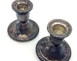Pair Vintage Weighted Sterling Silver Candlesticks Beaded Detail