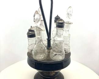Vintage Glass Cruet Condiment Set in Metal Carousel Stand