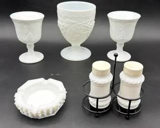 Vintage Indiana Glass Harvest Grape Milk Glass Goblets, Shakers Ashtray 7pc