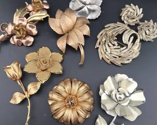Vintage Metal Tone Floral Brooches And Earrings Coro, B.S.K