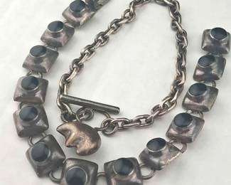 Sterling Bracelets Vintage Mexican Link Onyx And Bear Toggle Clasp Chain