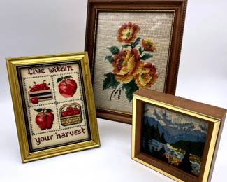 2 Framed Needlepoint 1 Framed Cross Stitch Pieces