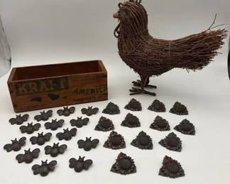 Rustic Country Decor Bundle 1920s Kraft Crate, Twig Rooster 28 Pewter Pins