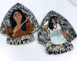 Vintage Chalkware Hand Painted Southwestern Arrowhead Wall Plaques
