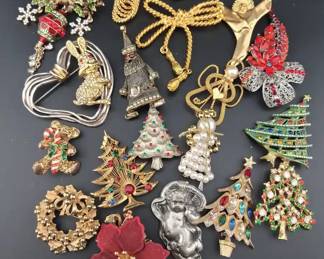 Vintage Holiday Brooches Signed Angel Pendant, Kenneth Cole, Hollycraft, Brooks