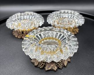 Vintage Crystal Ashtrays Bronze, Brass Motif
