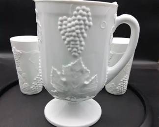 Vintage Milk Glass Pitcher And Cup Set