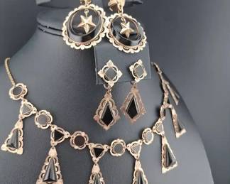 Vintage Art Deco Rose Gold Tone W Black Necklace Earring Set