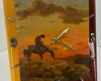 Vintage Wooden Wall Clock featuring an End of the Trail Native American motif
