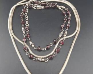 Sterling Necklaces 2.5mm Snake Chain Italy 22in And Retired Silpada Rose Cut Garnet Bead 16in
